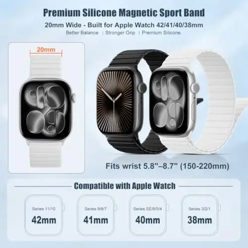 Magnetic Silicone Strap for Apple Watch Band 46mm 42 44 40 49mm Men Women | Soft Loop Strap for iWatch Ultra 4/3/2 Series 12 11 10 9 8 7 6 5 4 SE 49mm 46mm 42mm 44mm 40mm 45mm 41mm 38mm Upgraded Magnet - 3