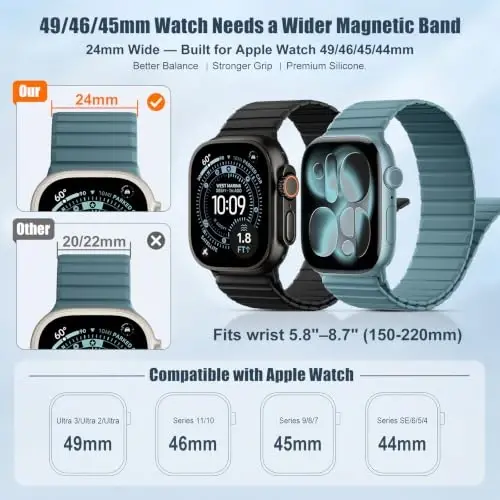 Magnetic Silicone Strap for Apple Watch Band 46mm 42 44 40 49mm Men Women | Soft Loop Strap for iWatch Ultra 4/3/2 Series 12 11 10 9 8 7 6 5 4 SE 49mm 46mm 42mm 44mm 40mm 45mm 41mm 38mm Upgraded Magnet - 3