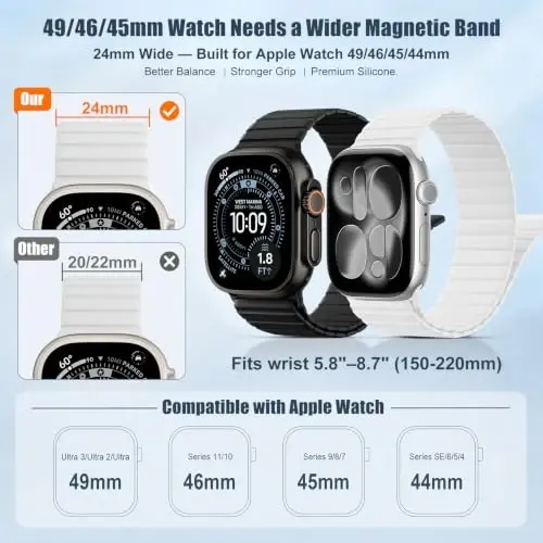 Magnetic Silicone Strap for Apple Watch Band 46mm 42 44 40 49mm Men Women | Soft Loop Strap for iWatch Ultra 4/3/2 Series 12 11 10 9 8 7 6 5 4 SE 49mm 46mm 42mm 44mm 40mm 45mm 41mm 38mm Upgraded Magnet - 3
