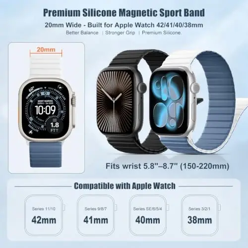 Magnetic Silicone Strap for Apple Watch Band 46mm 42 44 40 49mm Men Women | Soft Loop Strap for iWatch Ultra 4/3/2 Series 12 11 10 9 8 7 6 5 4 SE 49mm 46mm 42mm 44mm 40mm 45mm 41mm 38mm Upgraded Magnet - 3