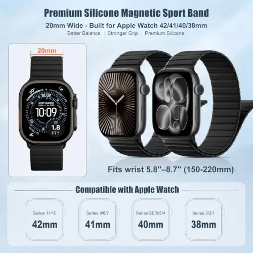 Magnetic Silicone Strap for Apple Watch Band 46mm 42 44 40 49mm Men Women | Soft Loop Strap for iWatch Ultra 4/3/2 Series 12 11 10 9 8 7 6 5 4 SE 49mm 46mm 42mm 44mm 40mm 45mm 41mm 38mm Upgraded Magnet - 3