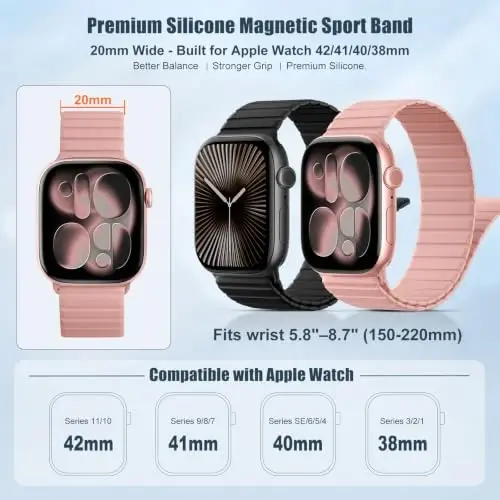 Magnetic Silicone Strap for Apple Watch Band 46mm 42 44 40 49mm Men Women | Soft Loop Strap for iWatch Ultra 4/3/2 Series 12 11 10 9 8 7 6 5 4 SE 49mm 46mm 42mm 44mm 40mm 45mm 41mm 38mm Upgraded Magnet - 3