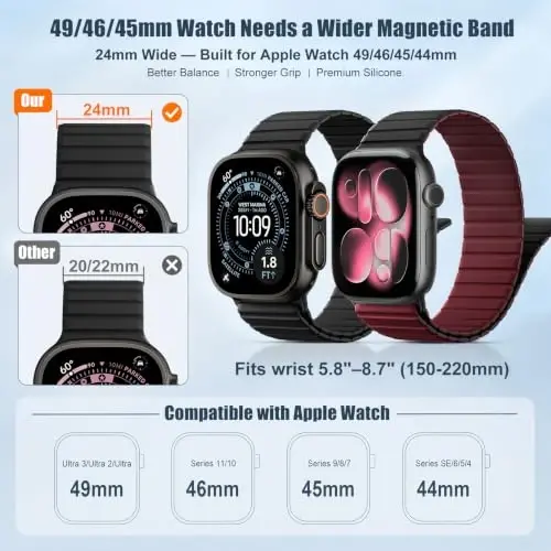 Magnetic Silicone Strap for Apple Watch Band 46mm 42 44 40 49mm Men Women | Soft Loop Strap for iWatch Ultra 4/3/2 Series 12 11 10 9 8 7 6 5 4 SE 49mm 46mm 42mm 44mm 40mm 45mm 41mm 38mm Upgraded Magnet - 3