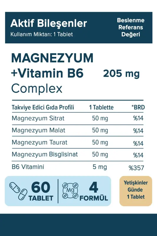 Magnezyum Kompleks + Vitamin B6 ( Taurat - Bisglisinat - Malat - Sitrat ) İçeren Takviye Edici Gıda - 7