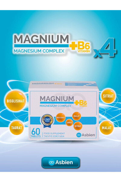 Magnezyum Kompleks B6 60 Tablet Magnezyum Bisglisinat, Sitrat, Malat, Taurat, B6 Asbien - 1