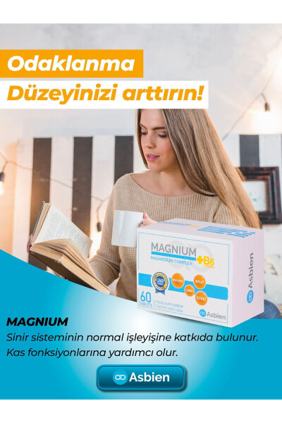 Magnezyum Kompleks B6 60 Tablet Magnezyum Bisglisinat, Sitrat, Malat, Taurat, B6 Asbien - 3