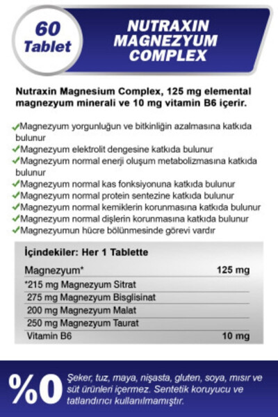 Magnezyum Kompleksi 60 Tablet 125 Mg - Bisiglinat - Taurat - Malat - Sitrat - B6 - 12