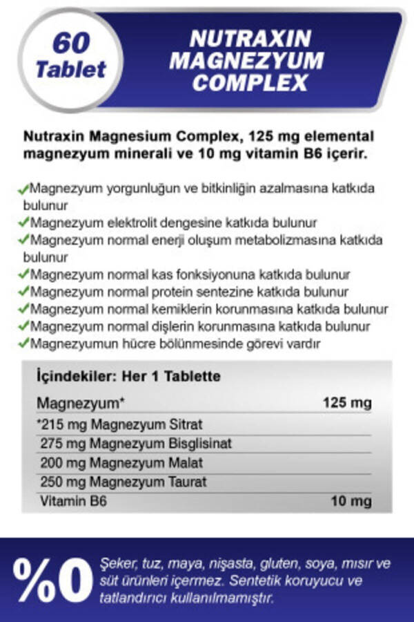 Magnezyum Kompleksi 60 Tablet 125 Mg - Bisiglinat - Taurat - Malat - Sitrat - B6 - 12