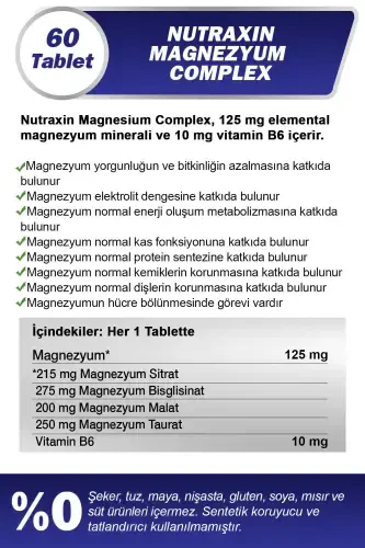 Magnezyum Complex 60 Tablet 125 Mg - Bisiglinat - Taurat - Malat - Sitrat - B6 - NUTRAXIN (1)