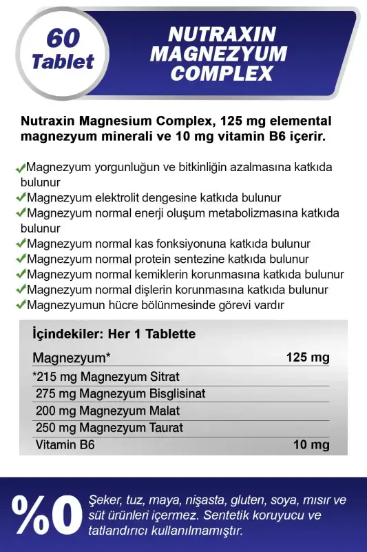 Magnezyum Complex 60 Tablet 125 Mg - Bisiglinat - Taurat - Malat - Sitrat - B6 - 2