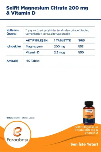 Magnezyum Sitrat 200 mg & D Vitamini 60 Tablet - SELFIT (1)