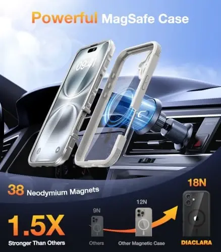 Магнитный чехол Diaclara для iPhone 16 6.1'' [Полная защита камеры] Цельнокорпусный бампер с защитным экраном конфиденциальности, [Совместимо с MagSafe] Ударопрочный чехол военного класса, Белый - 6