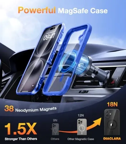 Магнитный чехол Diaclara для iPhone 16 6.1'' [Полная защита камеры] Цельнокорпусный бампер с защитным экраном конфиденциальности, [Совместимо с MagSafe] Ударопрочный чехол военного класса, Синий - 6