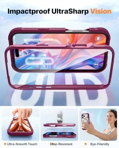Магнитный чехол Diaclara для iPhone 17 Pro 6.3'' [Полная защита камеры], противоударный бампер с защитным стеклом, [Совместимость с MagSafe], Армейский ударопрочный чехол, Винно-красный - 5