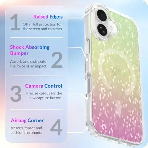 Магнитный чехол LONLI Hue для iPhone 17 — переливающийся «Призматический пиксельный конфетти», совместимость с Magsafe, милый эстетичный тонкий ударопрочный бампер, кристально чистая крышка для телефона для женщин и девочек (Радуга) - 4