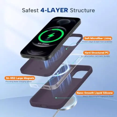 Магнитный чехол Miracase для iPhone 12 Pro Max, [мягкая подкладка из микрофибры], совместим с MagSafe, противоударный чехол из жидкого силикона для 12 Pro Max, темно-фиолетовый - 6