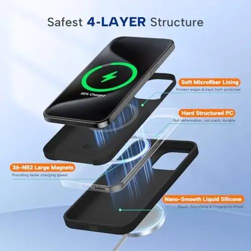 Магнитный чехол Miracase для iPhone 15 Pro Max, [мягкая подкладка из микрофибры, защищающая от царапин], совместим с MagSafe, ударопрочный чехол из жидкого силикона для 15 Pro Max, черный - 5