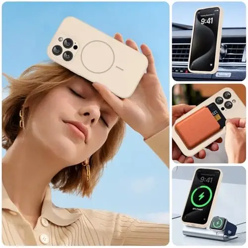 Магнитный чехол Miracase для iPhone 15 Pro, [Мягкая подкладка из микрофибры против царапин], Магнитный для MagSafe, Жидкий силикон, Ударопрочный чехол для 15 Pro, Песочный - 6