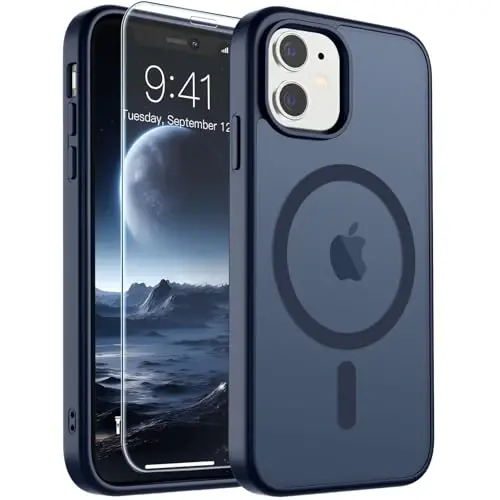 Магнитный чехол SUPFINE для iPhone 11 с защитным стеклом (совместим с MagSafe), армейская защита от падений, полупрозрачный матовый ударопрочный чехол, темно-синий 