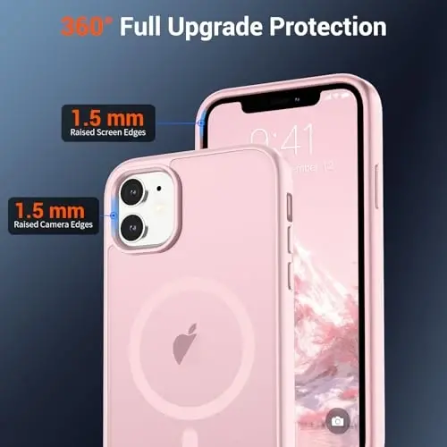 Магнитный чехол SUPFINE для iPhone 11 с защитным стеклом (совместим с MagSafe), ударопрочный полупрозрачный матовый чехол (военный класс защиты), светло-розовый - 4