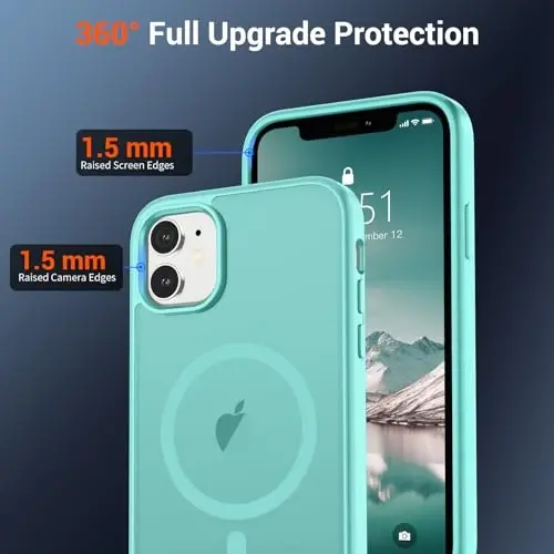 Магнитный чехол SUPFINE для iPhone 12 Mini и iPhone 13 Mini (совместим с MagSafe), защита от падений военного класса, полупрозрачная матовая ударопрочная накладка, сине-зеленый - 4