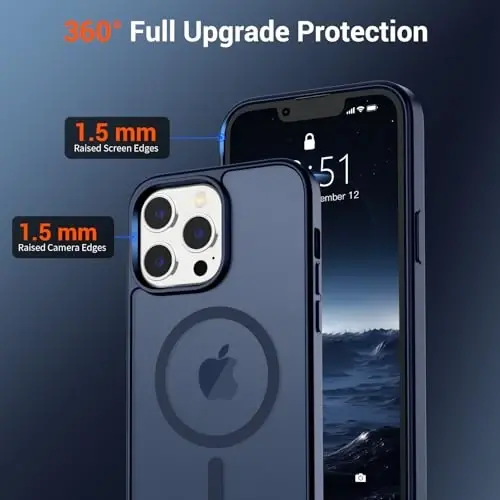 Магнитный чехол SUPFINE для iPhone 13 Pro с защитной пленкой для экрана (совместим с MagSafe) (защита от падений военного уровня), полупрозрачный матовый противоударный чехол, темно-синий - 4