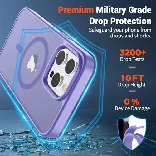 Магнитный чехол SUPFINE для iPhone 13 Pro (совместим с MagSafe) (военный уровень защиты от падений), полупрозрачный матовый противоударный чехол с защитой от отпечатков пальцев, фиолетовый - 3