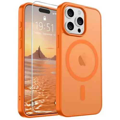 Магнитный чехол SUPFINE для iPhone 15 Pro Max с защитным стеклом (совместим с MagSafe), ударопрочный матовый полупрозрачный чехол (армейский класс защиты), звездный оранжевый 