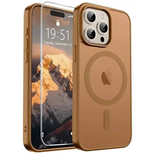 Магнитный чехол SUPFINE для iPhone 15 Pro Max (совместим с MagSafe), ударопрочный, с матовой полупрозрачной задней панелью, военный стандарт защиты от падений, коричневый 