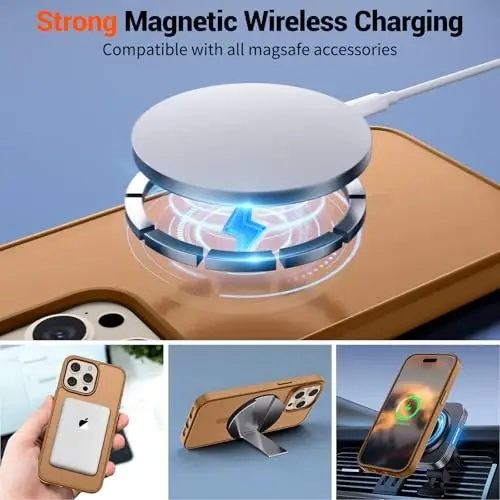 Магнитный чехол SUPFINE для iPhone 15 Pro Max (совместим с MagSafe), ударопрочный, с матовой полупрозрачной задней панелью, военный стандарт защиты от падений, коричневый - 3