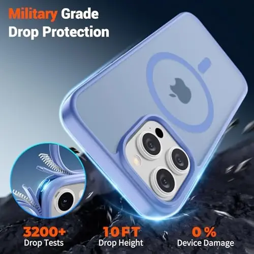 Магнитный чехол SUPFINE для iPhone 15 Pro Max (совместим с MagSafe), ударопрочный, с защитой военного класса, полупрозрачный матовый, сине-фиолетовый - 3