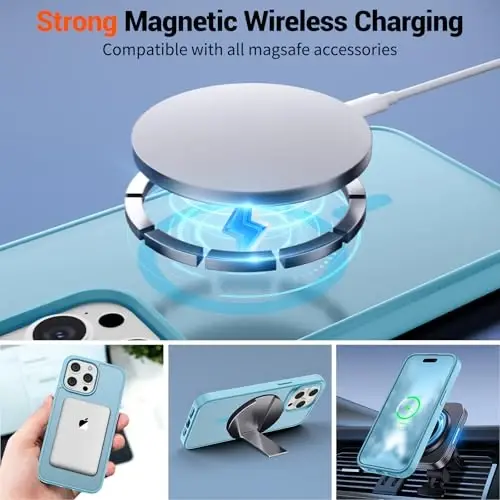 Магнитный чехол SUPFINE для iPhone 15 Pro Max (совместим с MagSafe) (защита от падений военного класса), полупрозрачный матовый чехол с защитой от отпечатков пальцев, светло-голубой - 3