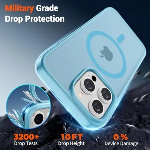 Магнитный чехол SUPFINE для iPhone 15 Pro Max (совместим с MagSafe) (защита от падений военного класса), полупрозрачный матовый чехол с защитой от отпечатков пальцев, светло-голубой - 4