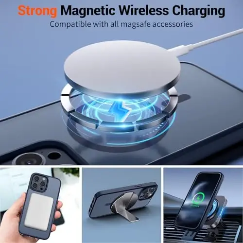 Магнитный чехол SUPFINE для iPhone 15 Pro с защитной пленкой для экрана (совместим с MagSafe), ударопрочный матовый полупрозрачный чехол военного класса, темно-синий - 3