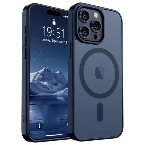 Магнитный чехол SUPFINE для iPhone 15 Pro с защитной пленкой для экрана (совместим с MagSafe), ударопрочный матовый полупрозрачный чехол военного класса, темно-синий 