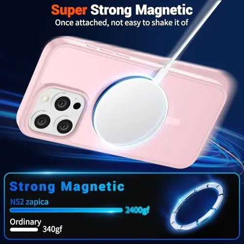 Магнитный чехол SUPFINE для iPhone 15 Pro с защитной пленкой для экрана (совместим с MagSafe), ударопрочный полупрозрачный матовый чехол (военный класс защиты), светло-розовый - 5