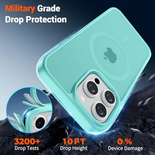 Магнитный чехол SUPFINE для iPhone 15 Pro (совместим с MagSafe) (защита от падений военного класса), полупрозрачная матовая ударопрочная накладка, сине-зеленый - 4
