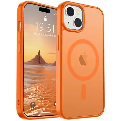 Магнитный чехол SUPFINE для iPhone 15 с защитной пленкой для экрана (совместим с MagSafe), ударопрочный матовый полупрозрачный чехол с защитой военного класса, звездный оранжевый 