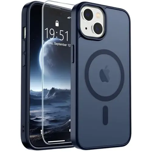 Магнитный чехол SUPFINE для iPhone 15 с защитным стеклом (совместим с MagSafe), ударопрочный полупрозрачный матовый чехол военного класса, темно-синий - 1