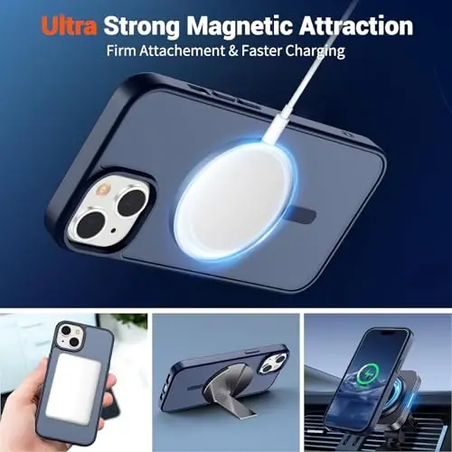 Магнитный чехол SUPFINE для iPhone 15 с защитным стеклом (совместим с MagSafe), ударопрочный полупрозрачный матовый чехол военного класса, темно-синий - 3