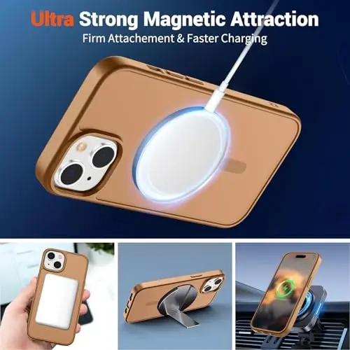 Магнитный чехол SUPFINE для iPhone 15 (совместим с MagSafe) (защита от падений военного класса), полупрозрачный матовый противоударный чехол с защитой от отпечатков пальцев, коричневый - 5