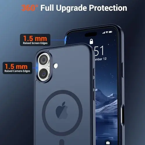 Магнитный чехол SUPFINE для iPhone 16 Plus с защитной пленкой (совместим с MagSafe), ударопрочный полупрозрачный матовый чехол (защита военного класса), темно-синий - SUPFINE (1)