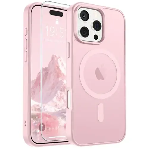 Магнитный чехол SUPFINE для iPhone 16 Pro Max со стеклом (совместим с MagSafe), защита военного класса, полупрозрачный матовый ударопрочный чехол, светло-розовый 