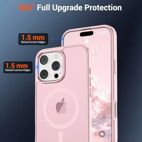 Магнитный чехол SUPFINE для iPhone 16 Pro Max со стеклом (совместим с MagSafe), защита военного класса, полупрозрачный матовый ударопрочный чехол, светло-розовый - 4