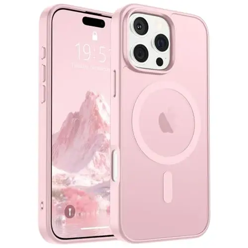 Магнитный чехол SUPFINE для iPhone 16 Pro Max со стеклом (совместим с MagSafe), защита военного класса, полупрозрачный матовый ударопрочный чехол, светло-розовый 