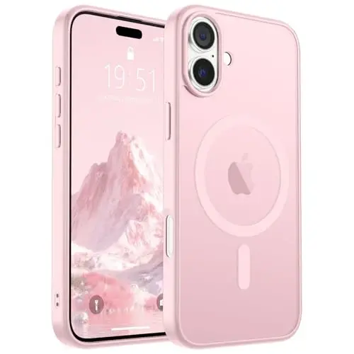 Магнитный чехол SUPFINE для iPhone 16 с защитной пленкой для экрана (совместим с MagSafe), ударопрочный полупрозрачный матовый чехол (военный стандарт защиты от падений), светло-розовый 