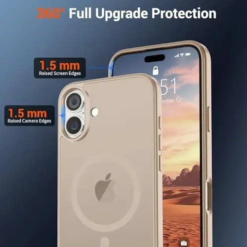 Магнитный чехол SUPFINE для iPhone 16 (совместим с MagSafe) (защита от падений военного класса), полупрозрачный матовый ударопрочный чехол с защитой от отпечатков пальцев, цвет «пустынное золото» - 4