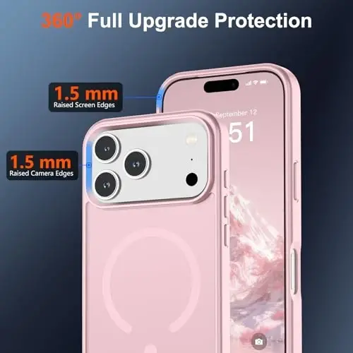 Магнитный чехол SUPFINE для iPhone 17 Pro Max с защитной пленкой для экрана (совместим с MagSafe) (защита от падений военного класса), полупрозрачный матовый ударопрочный чехол с защитой от отпечатков пальцев, светло-розовый - 4