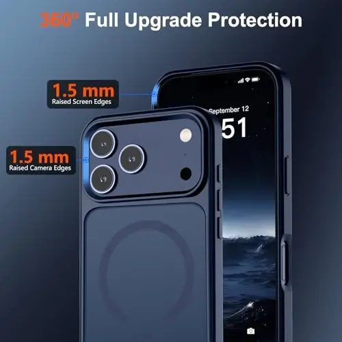 Магнитный чехол SUPFINE для iPhone 17 Pro Max с защитной пленкой для экрана (совместим с MagSafe) (защита от падений военного класса), полупрозрачный матовый, ударопрочный, с защитой от отпечатков пальцев, темно-синий - 3
