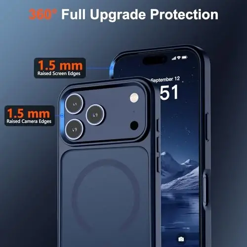 Магнитный чехол SUPFINE для iPhone 17 Pro Max с защитной пленкой для экрана (совместим с MagSafe) (защита от падений военного класса), полупрозрачный матовый, ударопрочный, с защитой от отпечатков пальцев, темно-синий - 2